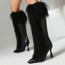 Women's Pointed Toe Thigh High Boots, Sexy High Heel Shiny Black Leather Boots