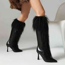 Women's Pointed Toe Thigh High Boots, Sexy High Heel Shiny Black Leather Boots