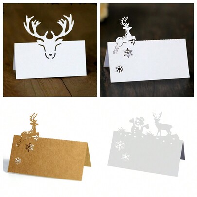 25pcs/Pack White Kraft Paper Christmas Reindeer, Snowman, Christmas Tree, White Pearlescent Place Cards, Name Cards Suitable For Wedding, Christmas, New Year Party Decoration