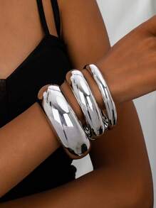 3 件时尚简约纯色圆形手镯套装女士黄金首饰 - 适合街头服饰、闪亮派对和各种场合 - 金黃色 - 查看 3