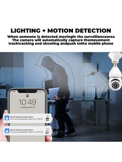 1pc 8MP/5MP 1080P HD WiFi Bulb Camera, Dual 2.4G+5G/2.4G Selectable, 355° Horizontal 90° Vertical Rotation, Video, Motion Detection, Two Way Audio, Network PTZ Camera System, Home Security Monitoring (Cloud Storage TF Card Require Separate Purchase) view 5