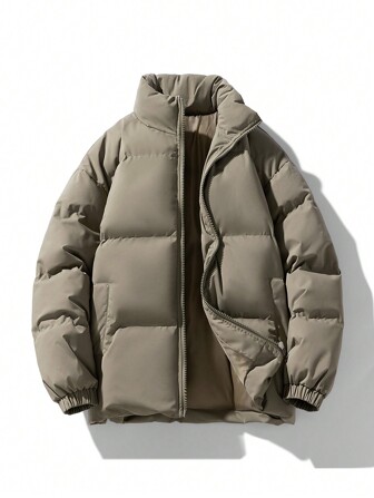 Men's Solid Color Casual Stand Collar Brown Padded Coat, Autumn/Winter