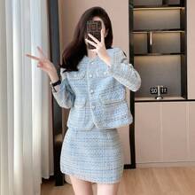 RUIWY 2 件套女士时尚高端优雅夹克和迷你裙套装，秋季 - 藍色 - 查看 7