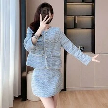 RUIWY 2 件套女士时尚高端优雅夹克和迷你裙套装，秋季 - 藍色 - 查看 4