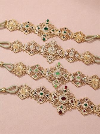 1pc Middle East Style Elegant Hollow Crystal Inlaid Metal Alloy Waist Chain Rope Belt For Women, Suitable For Wedding, Party And Banquet