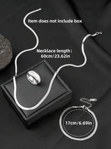 3 件男士珠宝套装不锈钢 60 厘米扁平项链压扁手链戒指简约时尚风格适合日常节日礼物（商品不含包装盒） - 銀色 - 查看 4