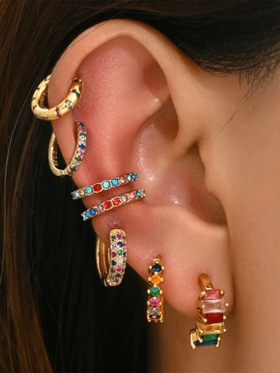Set da 7 Orecchini a Cerchio Oversize Multi-Colore Decorati con CZ alla Moda per Donne, Orecchini a Cartilage Huggie