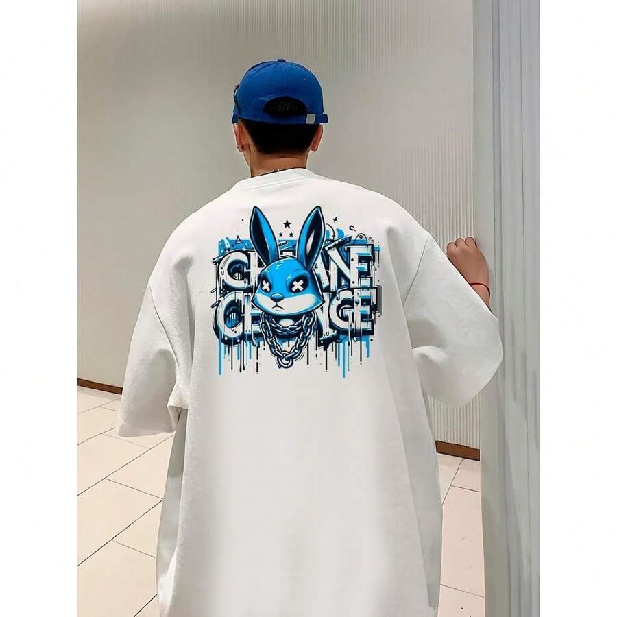 Men's Oversized T-Shirt Rabbit Style Streetwear T-Shirt Oversized Shirt Premium 100% Cotton - 白色 - 查看 1
