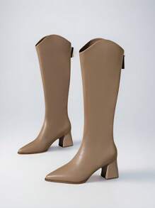 女士 PU 皮革 V 形高筒靴，黑色尖头粗高跟鞋，2024 年春秋新款骑士风格修身靴