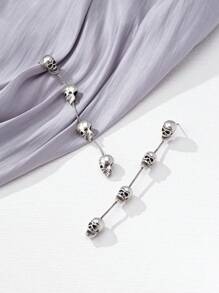 1pair Exaggerated European&American Style Long Tassel Skull Dangle Earrings For Women, Halloween - Antique Silver - View 4