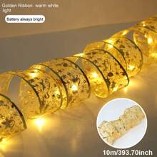 1 st. LED-kerstlintverlichting 39,37/78,74/196,85/393,7 inch zilver/gouden lint met koperdraad, feeënlichtsnoer, kerstboom, decoratief lint, strikken, lampen, op batterijen, voor thuis, tuin, tuin, bruiloft, verjaardag, feest, kerstboom, festivals, nieuwjaarsdecoratie (1/2/5/10 m gouden/zilveren lint; warm wit/wit/kleurrijk licht), kamerdecoratie, kerstdecoratie, kerstverlichting, slaapkamerdecoratie, woondecoratie, feestdecoratie, vakantie, festival, kerstcadeau, Thanksgiving, kerstboomdecoratie, ornamenten