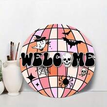 1 pieza Cartel de bienvenida de Halloween para decoración de pared - Hermoso cartel de puerta de madera falsa con diseño de bola de discoteca, calavera y decoraciones de terror, decoraciones de temporada de Halloween y Navidad