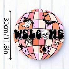 1 pieza Cartel de bienvenida de Halloween para decoración de pared - Hermoso cartel de puerta de madera falsa con diseño de bola de discoteca, calavera y decoraciones de terror, decoraciones de temporada de Halloween y Navidad