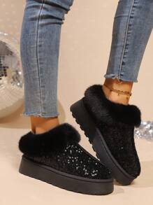 Damskie, wodoodporne, grube, błyszczące, codzienne buty w dużych rozmiarach, nowe, zimowe, ciepłe, termiczne, z okrągłym noskiem, antypoślizgowe, dla kobiet w ciąży, futrzane buty, śniegowce - Czarne - Zobacz 3