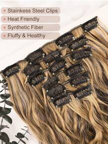 Clip In Hair Extensions,6PCS Hair Extensions Long Mermaid Waves Wavy Synthetic Clip On Hairpiece For Women 24 Inch Deep Brown With Dirty Blonde - Brown Highlight - View 4