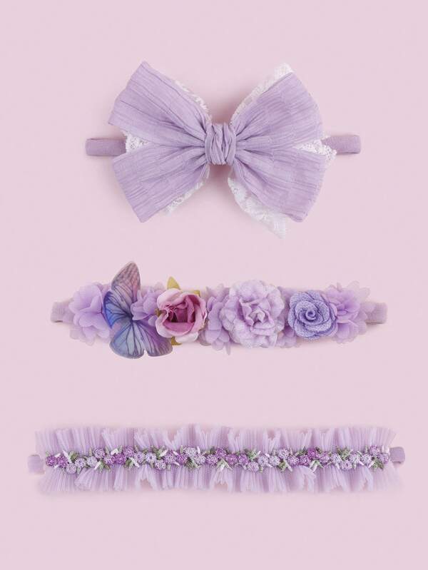 Set de 3 diademas para bebé con lazo púrpura, mariposa y flor colorida de encaje, ideal para el Día de San Valentín del amor