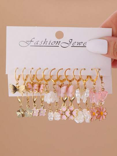 24pcs Fashionable Luxury Alloy Pendant Earring Set, Butterfly, Clover, Daisy Elements, Pink Tone, Sweet & Stylish Party Accessories, Gift For Girls