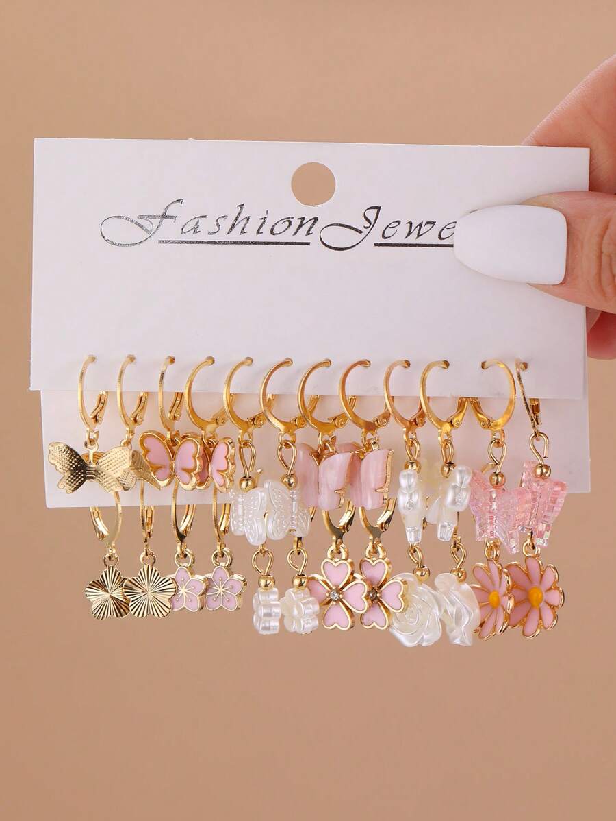 24 件时尚奢华合金吊坠耳环套装，蝴蝶、三叶草、雏菊元素，粉色色调，甜美时尚派对配饰，送给女孩的礼物