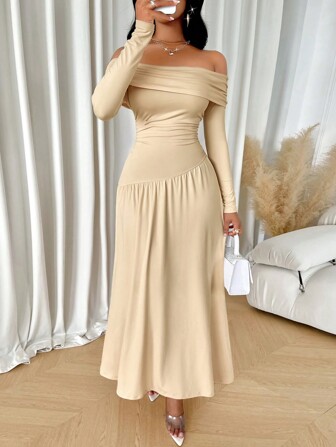 abyoxi 纯色露肩褶皱不对称腰长袖高雅女士长裙，适合派对约会、返校、秋冬女士服装