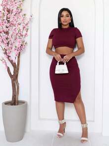 Women's Cropped Set And Midi Skirt With Blogger Slit - 酒紅色 - 查看 4