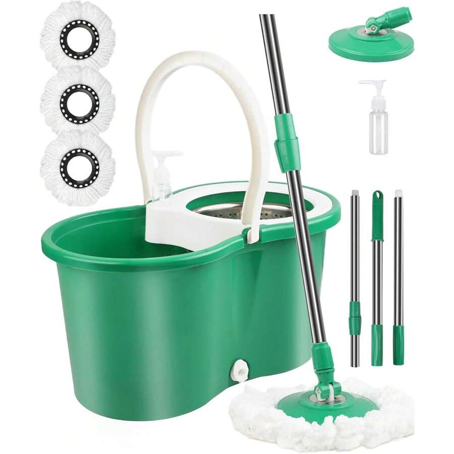 Spin Mop And Bucket With Wringer Set, 360° Mop And Bucket System With 3 Microfiber Mop Refills And 61" Extended Handle, Spinning Mop Bucket For Floor Cleaning - 綠色 - 查看 1
