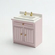 1/12 Scale Wooden Dollhouse Miniature Kitchen Furniture Set - Includes Cabinet, Refrigerator, Stove, Sink And Counter, Suitable For Decorative Dollhouse, Pink Color