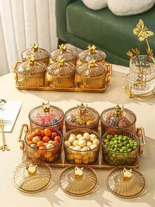 1 Set Vintage Gold Color Serving Tray With Snack Plates - Amber Gold Tray With Crown Round Plate - View 6