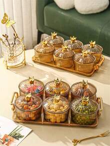 1 Set Vintage Gold Color Serving Tray With Snack Plates - Amber Gold Tray With Crown Round Plate - View 5