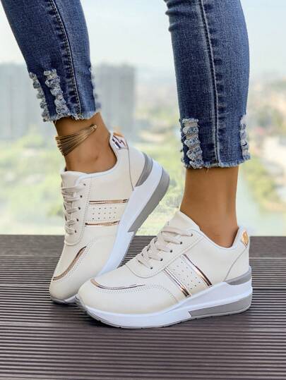Women's Platform Sneakers Lightweight Travel Sports Casual Breathable Chunky Fashion Lace Up Contrast Color Low-Top Outdoor Trainers For Petite