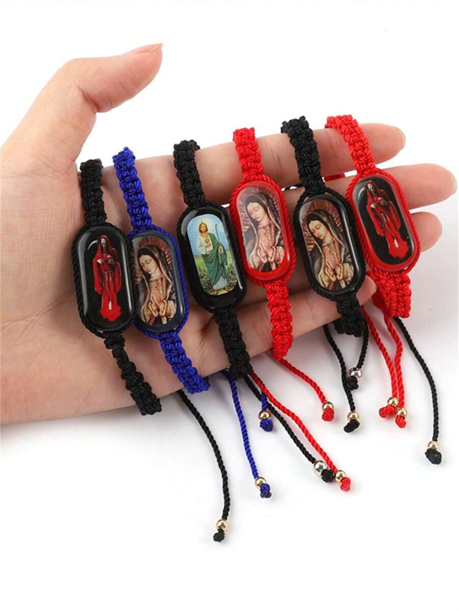1 件宗教椭圆形泪珠圣母玛利亚编织可调节手链男士 - 彩色 - 查看 1