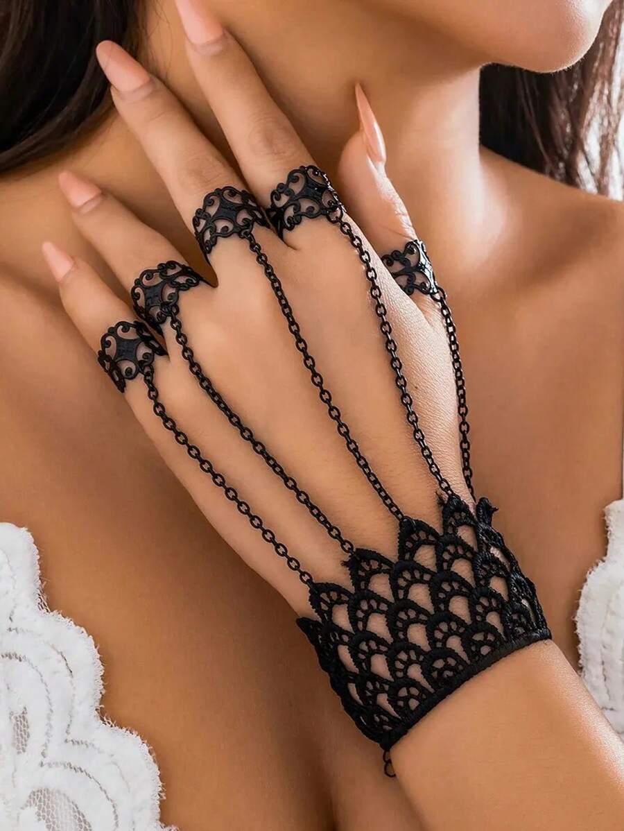 1 件黑色蕾丝手指和腕链手链，金属连接手链，适合女士，派对珠宝 - 黑色 - 查看 1
