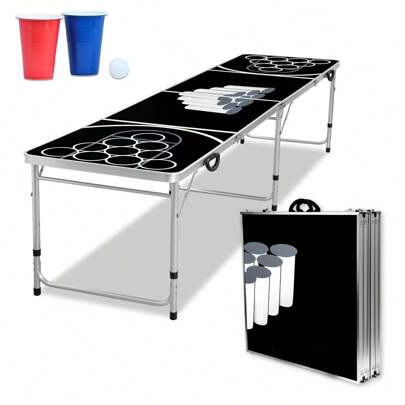  Froadp Beer Pong Tables With Cups And Balls Included For Parties, Premium Beer Pong, Adjustable Height, Aluminum And MDF Beer Pong Table - 242 X 62 Cm, Black
