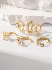 Hihho 6 件简约奢华锆石镶嵌花卉和几何耳钉套装，珠宝礼物 - 金黃色 - 查看 4