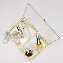 1pc Transparent Glass Covered Storage Box Makeup Jewelry Organizer Tray - Gold - View 4
