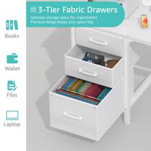 Lufeiya White Computer Desk With File Drawers Cabinet, 47 Inch Home Office Desks With Fabric Filing Cabinet For Small Space, Modern Writing Table PC Desks, White - White - View 6