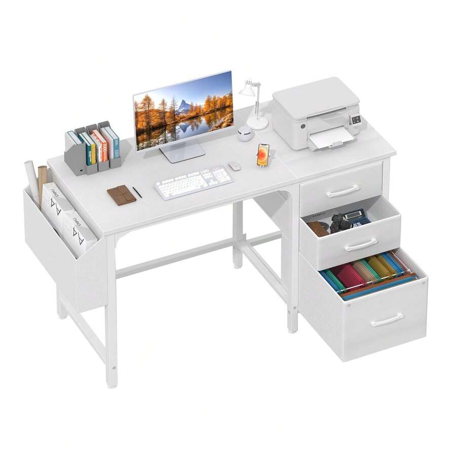 Lufeiya White Computer Desk With File Drawers Cabinet, 47 Inch Home Office Desks With Fabric Filing Cabinet For Small Space, Modern Writing Table PC Desks, White - White - View 1