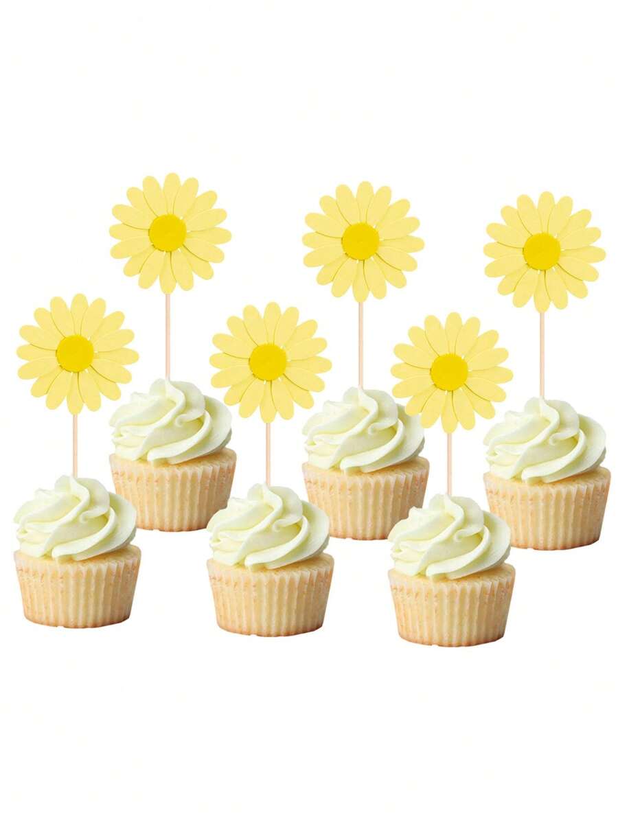 24PCS Pink Daisy Party Cupcake Toppers,Flower Design Cake Topper,Daisy