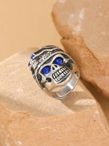 1pc Stainless Steel Inlaid Cubic Zirconia Punk Gothic Skull Pattern Rings For Men