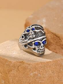 1pc Stainless Steel Inlaid Cubic Zirconia Punk Gothic Skull Pattern Rings For Men