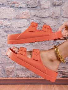 全新女士时尚厚底拖鞋防滑、柔软、带扣装饰、户外、防滑、缓冲运动凉鞋 - 橘色 - 查看 2