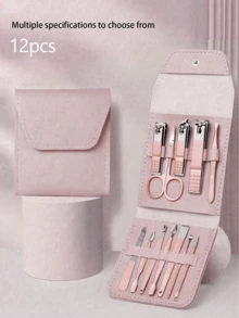12 件美甲套装不锈钢指甲钳套装专业美容套装面部手足皮肤护理和指甲护理工具带皮革旅行盒，美容工具便携式套装专业美容套装，旅行美甲套装 - 粉色 - 查看 1