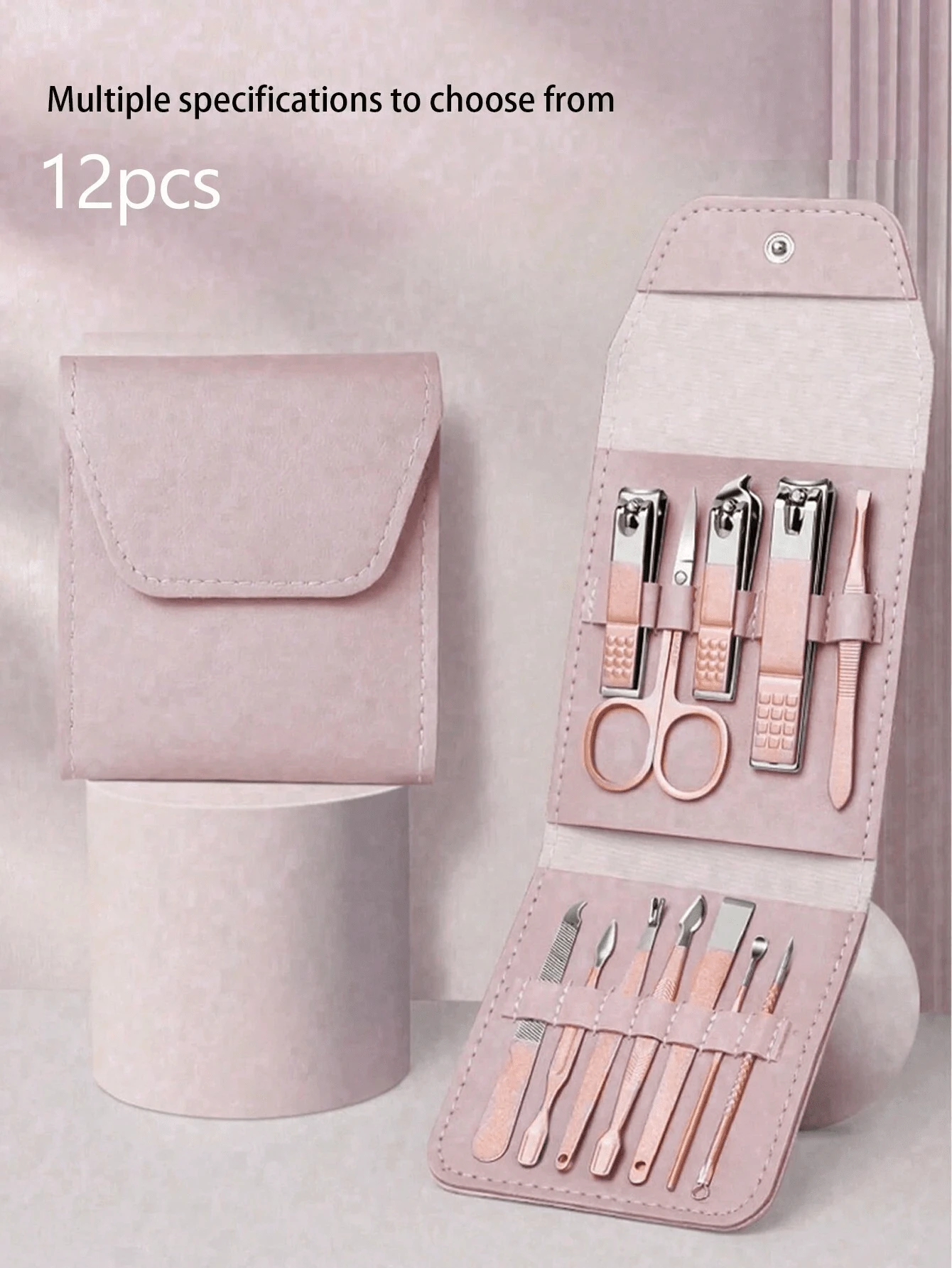 12 件美甲套装不锈钢指甲钳套装专业美容套装面部手足皮肤护理和指甲护理工具带皮革旅行盒，美容工具便携式套装专业美容套装，旅行美甲套装 - 粉色 - 查看 1