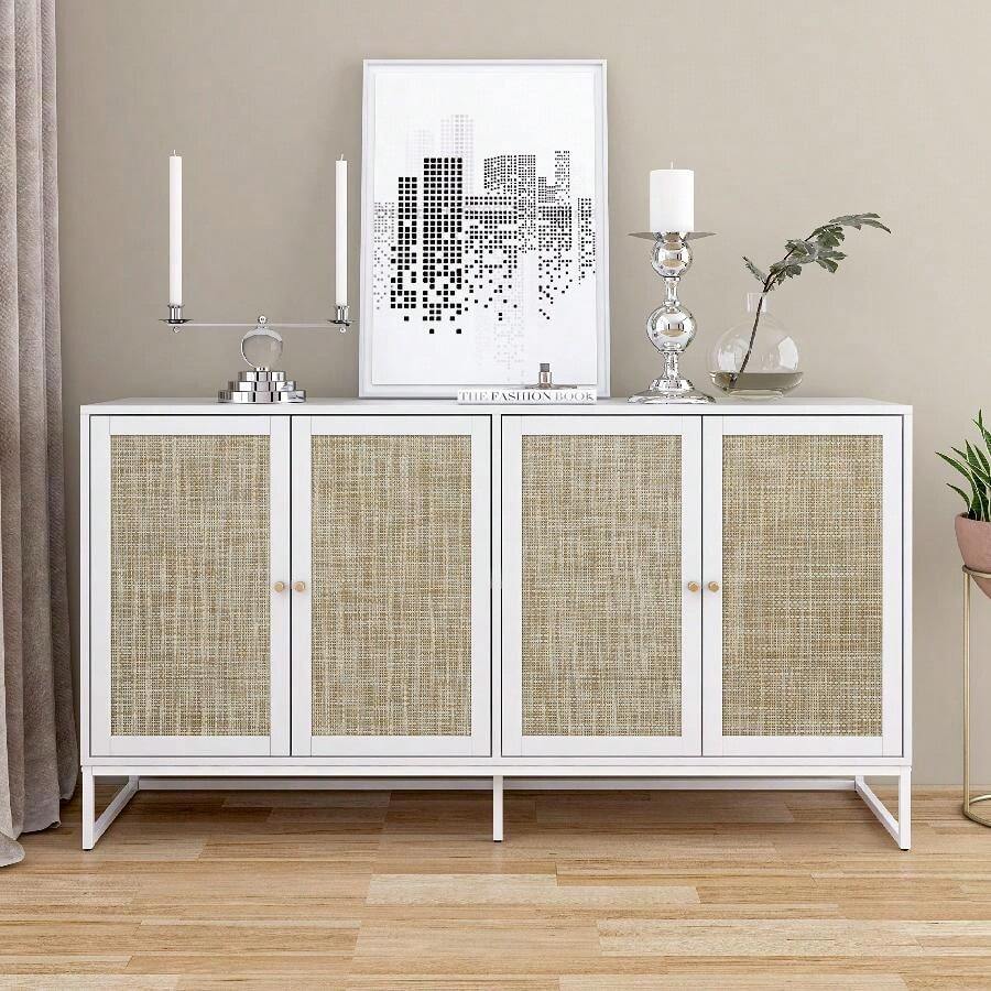 Modern Sideboard Cabinet, Accent Storage Cabinet With Rattan Doors And Adjustable Shelves, Freestanding Sideboard Storage Cabinet For Kitchen Dining Living Room Hallway Office - trắng - Xem 1