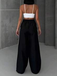 对比滚边阔腿裤 - 黑色 - 查看 3