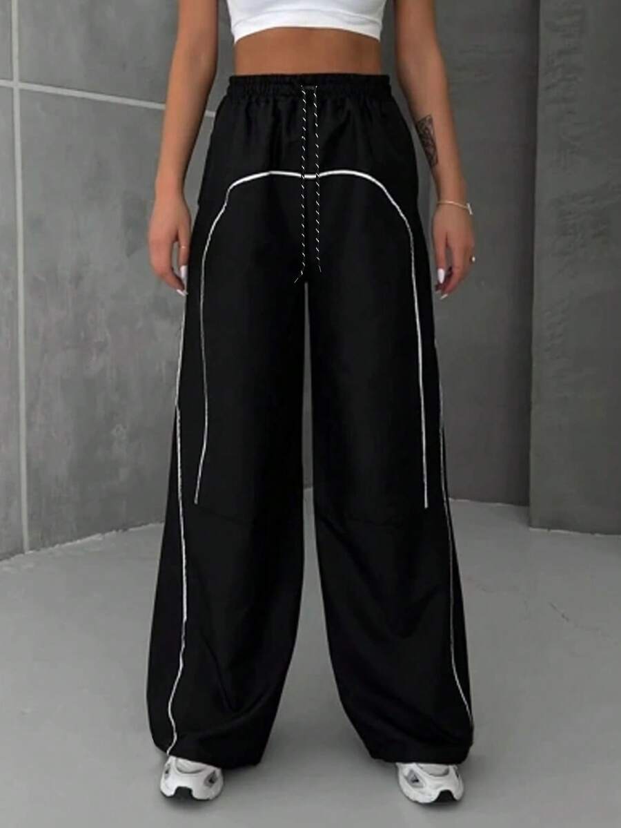 对比滚边阔腿裤 - 黑色 - 查看 1