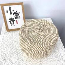 Cesta de almacenamiento de escritorio tejida de 24 cm de diámetro con tapa, cesta para huevos, organizador de maquillaje, aperitivos y artículos varios