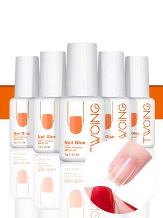 TWOING 5 件装超强指甲胶，适用于假指甲、丙烯酸指甲、手指按压指甲，持久粘合，适合美甲装饰，快干水钻胶