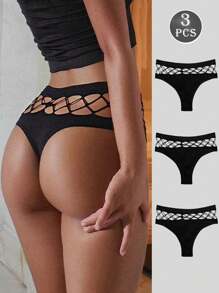 Set de 3 tangas negros de mujer con diseño de red de pesca, lencería sexy en forma de tanga