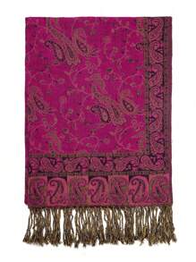 1条女士波西米亚风复古佩斯利提花羊绒围巾，休闲优雅防晒披肩，适合日常佩戴 - 玫紫色 - 查看 6