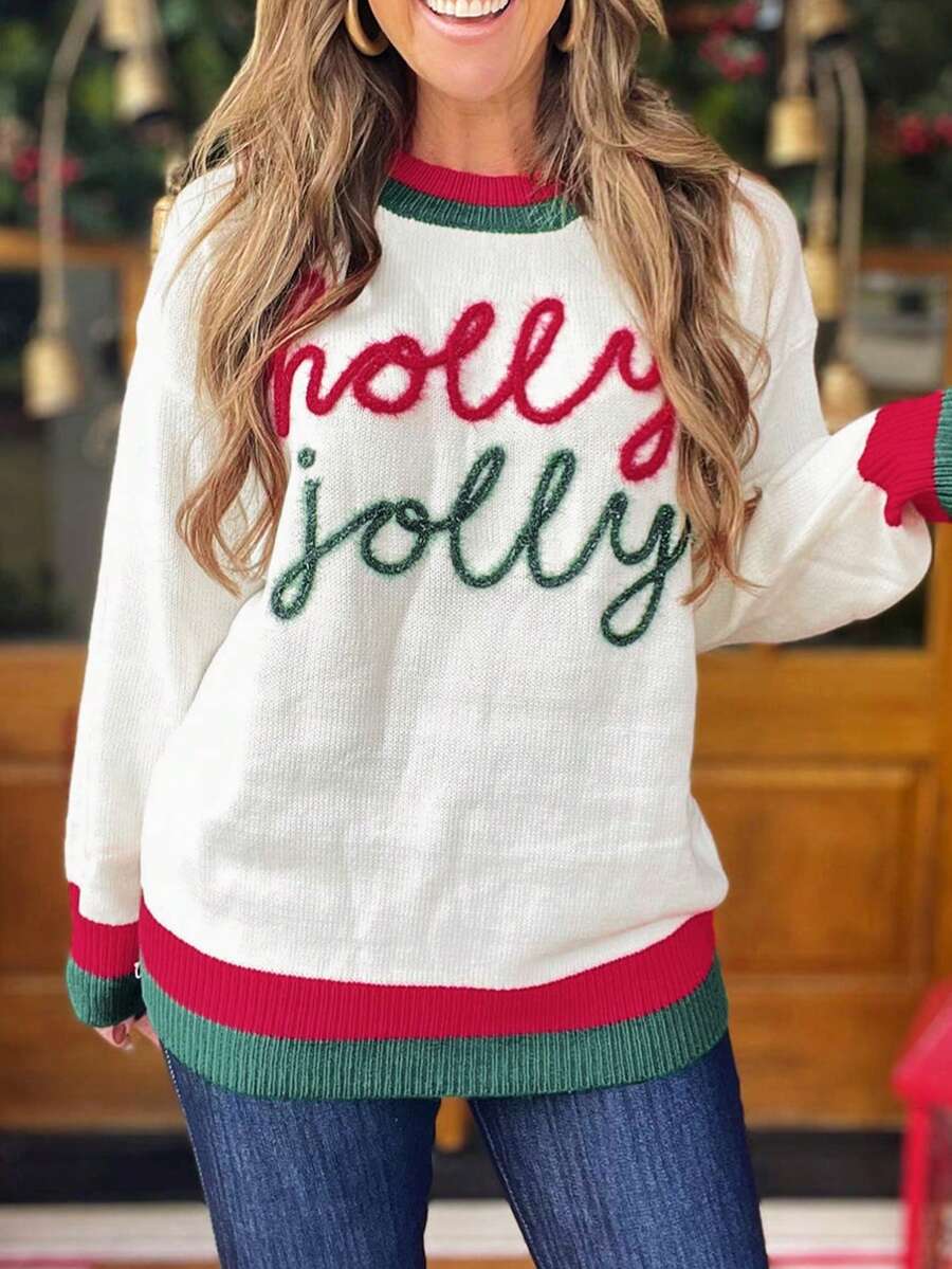 圣诞节口号图案条纹落肩长袖圆领毛衣，长袖上衣